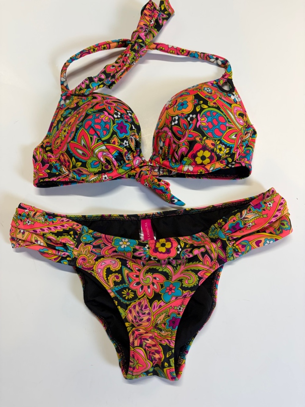 Victoria’s Secret Bikini Set Paisley Floral Push Up Halter Swim Suit Size S 32C